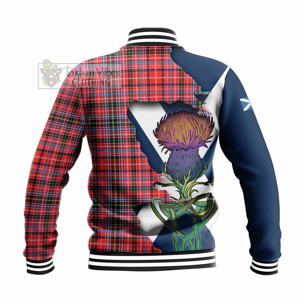 Tartan Vibes Clothing Straiton Tartan Family Crest Baseball Jacket Scottish Thistle Celtic Inspired