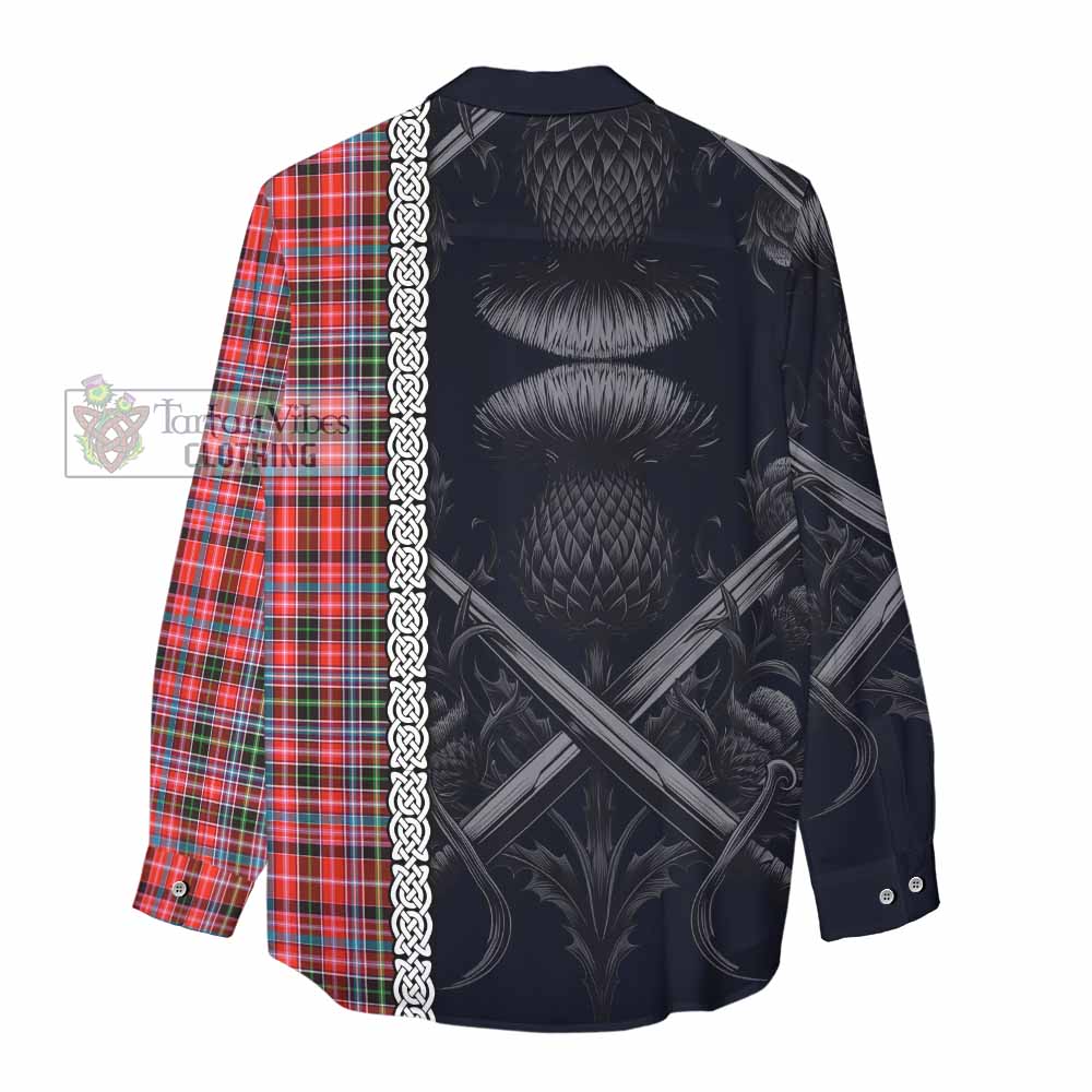 Tartan Vibes Clothing Straiton Tartan Women's Casual Shirt with Family Crest Cross Sword Thistle Celtic Vibes