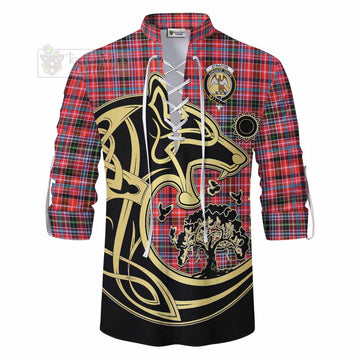 Tartan Vibes Clothing Straiton Tartan Ghillie Kilt Shirt with Family Crest Celtic Wolf Style