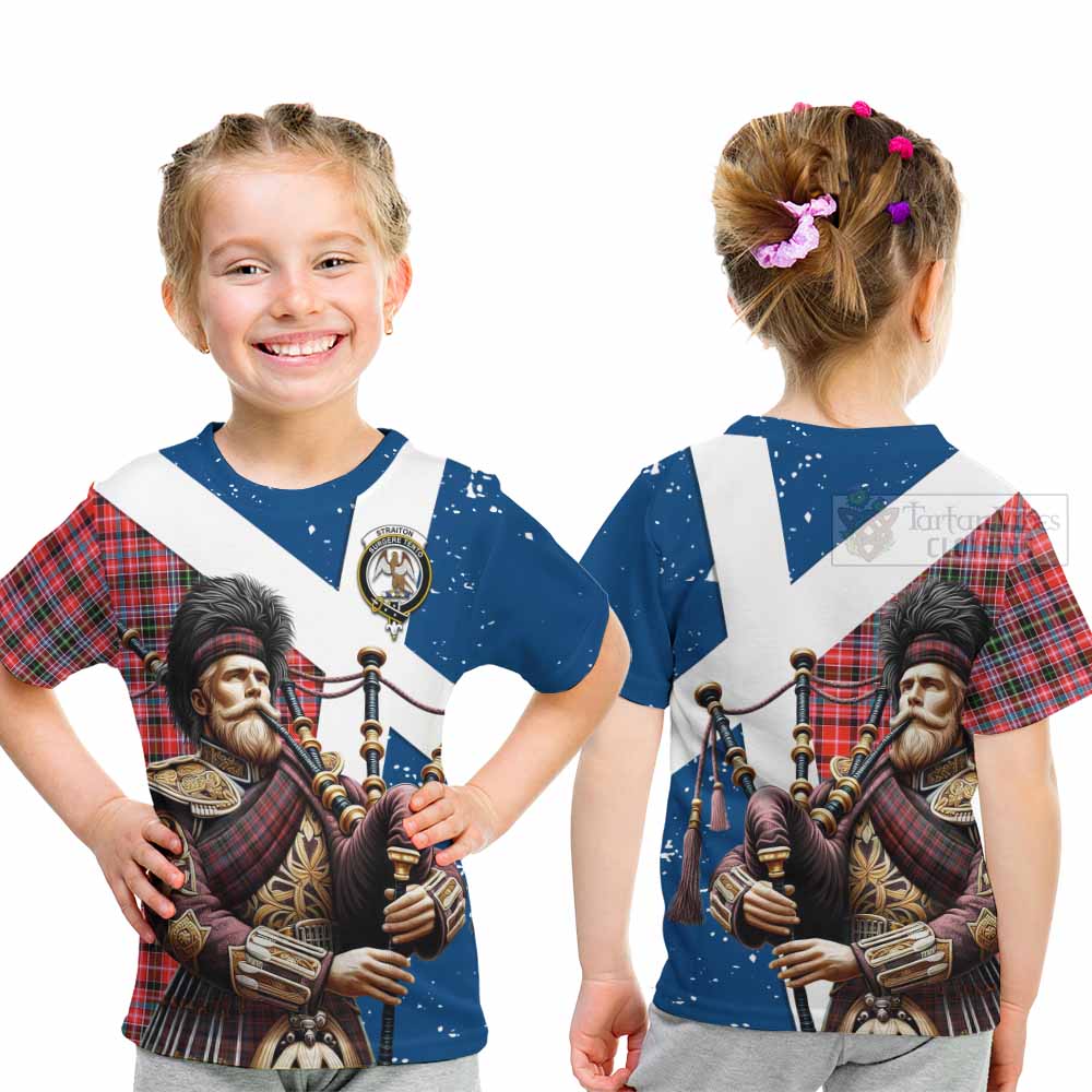 Tartan Vibes Clothing Straiton Tartan Kid T-Shirt with Family Crest Scottish Bagpiper Vibes