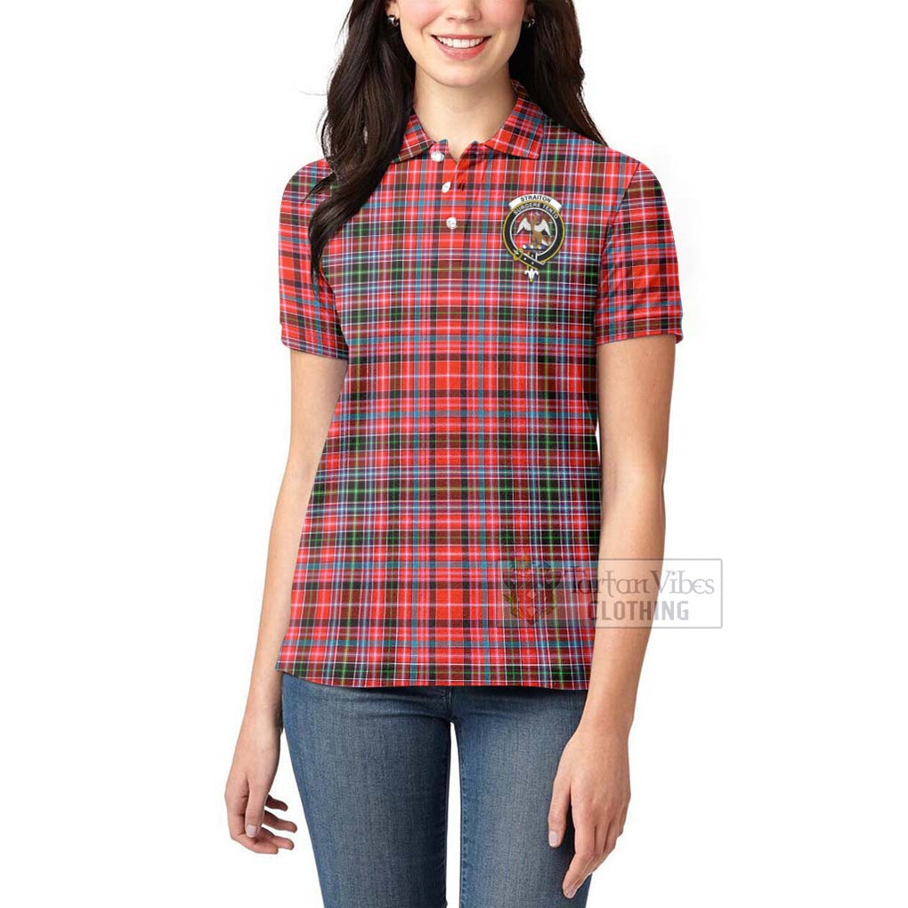 Tartan Vibes Clothing Straiton Tartan Women's Polo Shirt with Family Crest and Bearded Skull Holding Bottles of Whiskey