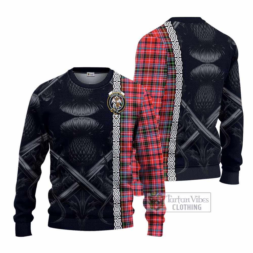 Tartan Vibes Clothing Straiton Tartan Knitted Sweater with Family Crest Cross Sword Thistle Celtic Vibes