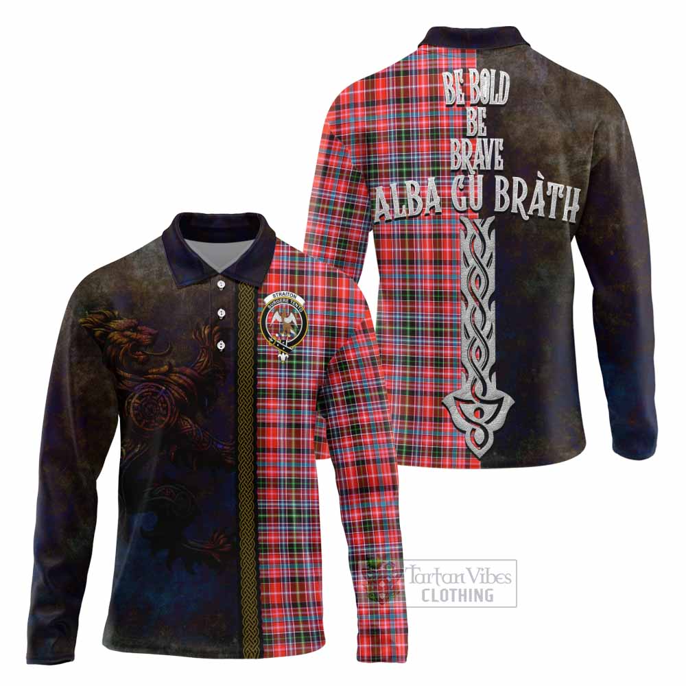 Tartan Vibes Clothing Straiton Tartan Family Crest Long Sleeve Polo Shirt Alba Gu Brath Be Brave Lion Ancient Style