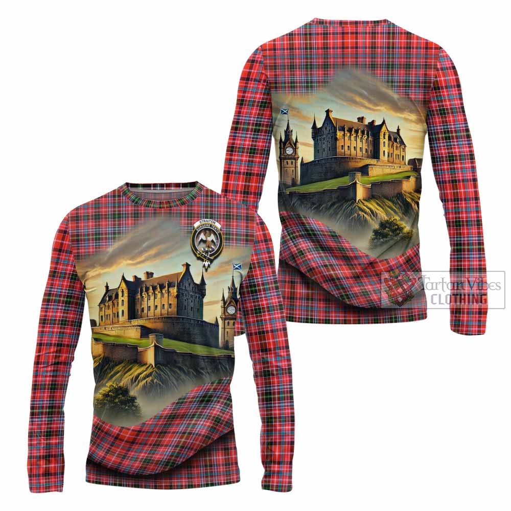Tartan Vibes Clothing Straiton Tartan Family Crest Long Sleeve T-Shirt with Scottish Ancient Castle Style