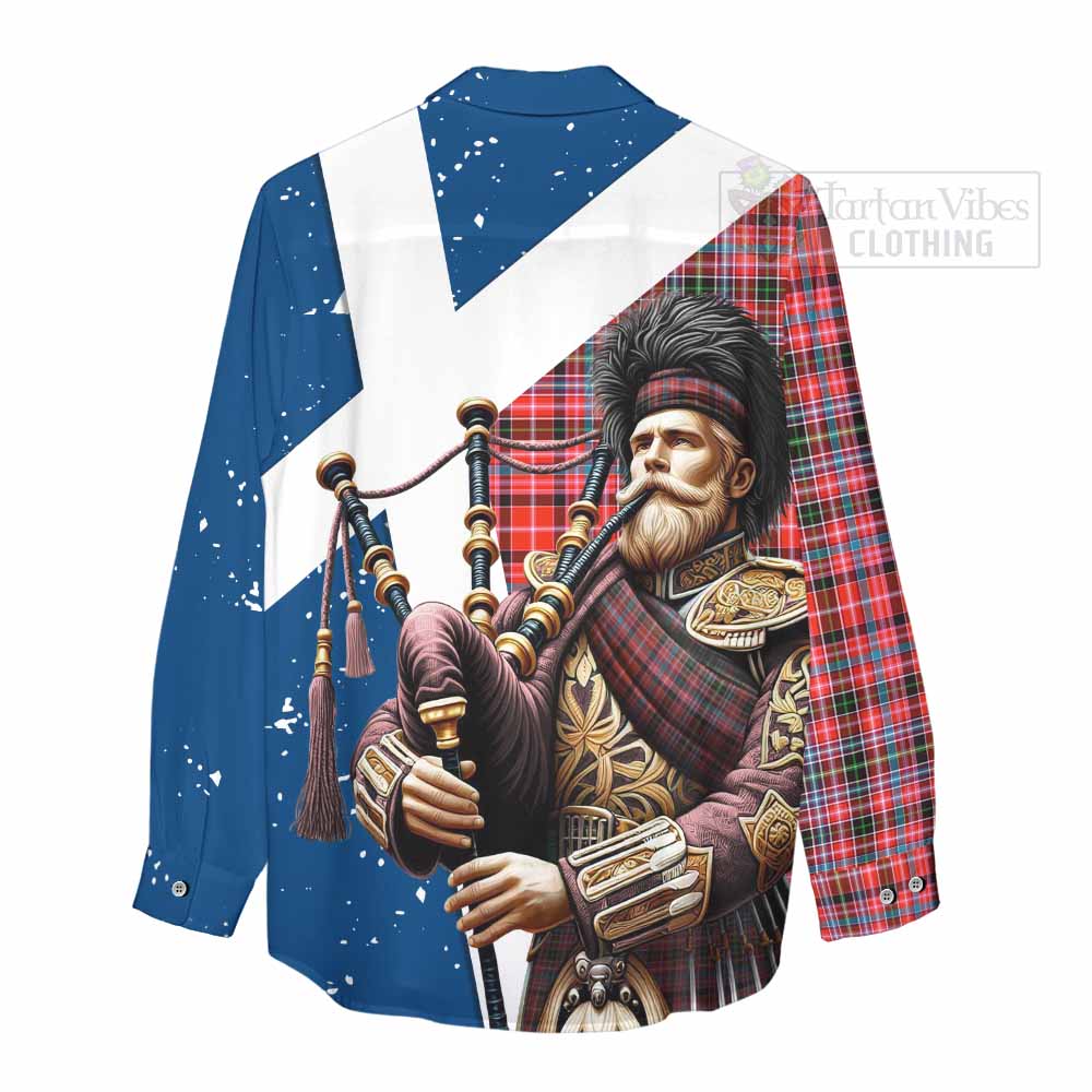 Tartan Vibes Clothing Straiton Tartan Women's Casual Shirt with Family Crest Scottish Bagpiper Vibes