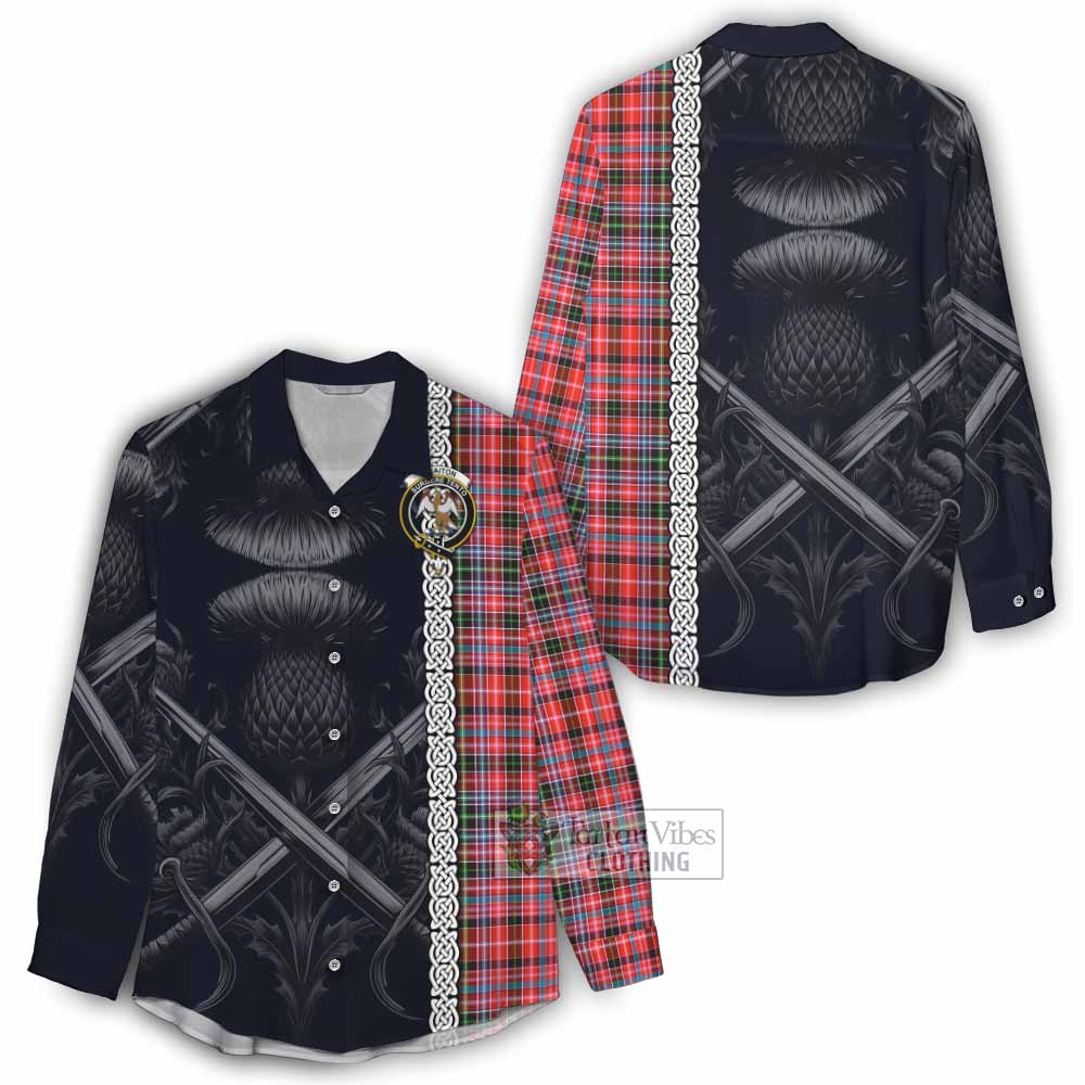 Tartan Vibes Clothing Straiton Tartan Women's Casual Shirt with Family Crest Cross Sword Thistle Celtic Vibes