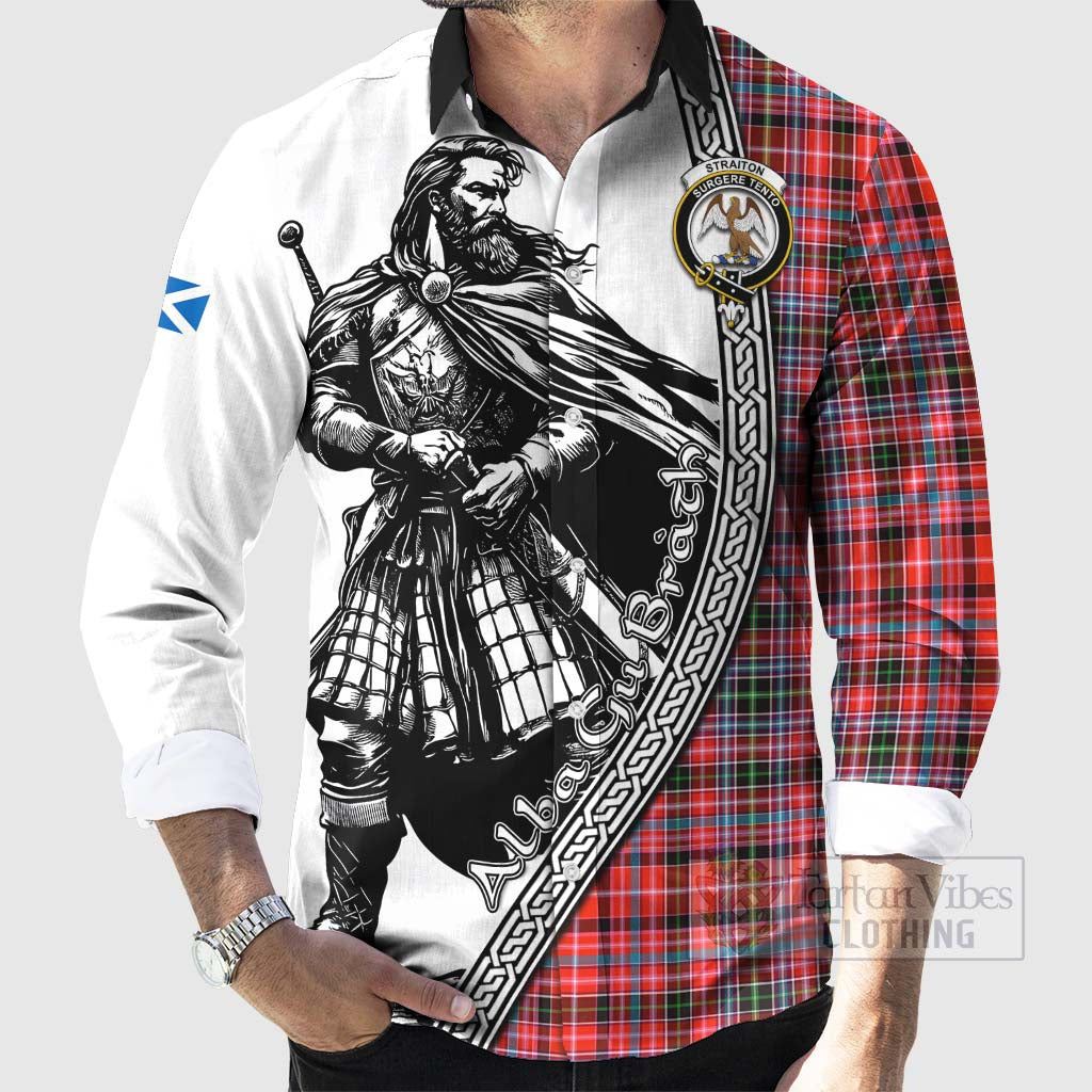 Tartan Vibes Clothing Straiton Tartan Clan Crest Long Sleeve Button Shirt with Highlander Warrior Celtic Style