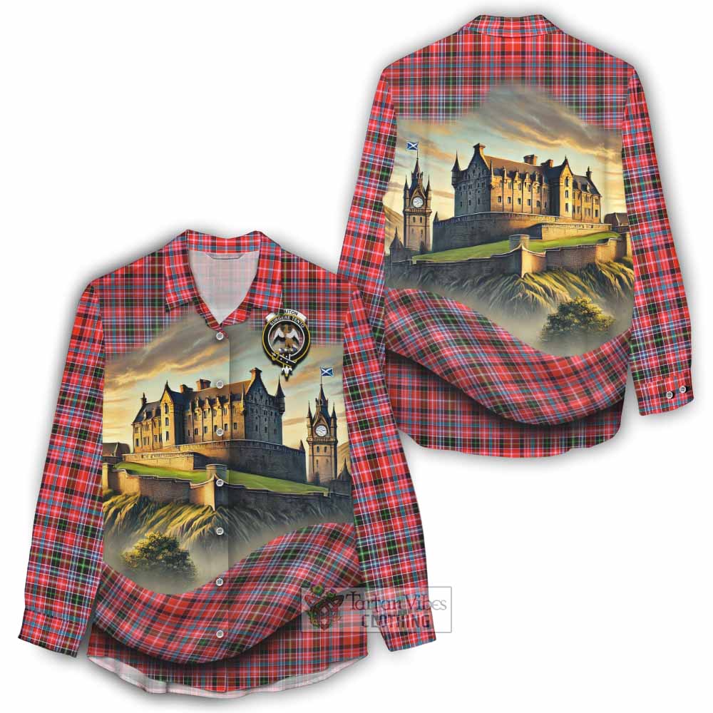 Tartan Vibes Clothing Straiton Tartan Family Crest Women's Casual Shirt with Scottish Ancient Castle Style