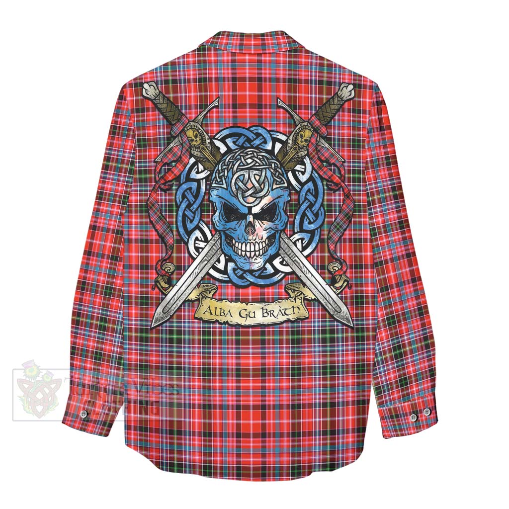 Tartan Vibes Clothing Straiton Tartan Women's Casual Shirt with Family Crest Celtic Skull Style