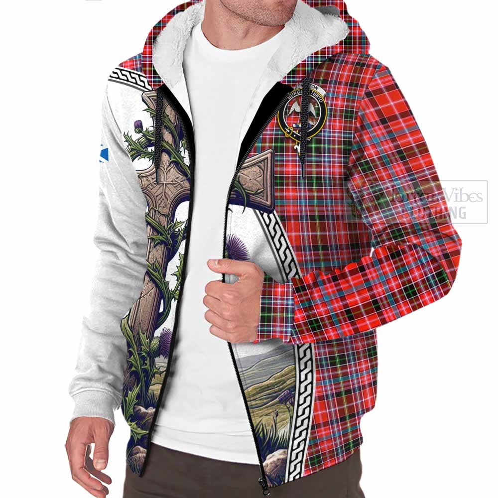 Tartan Vibes Clothing Straiton Tartan Sherpa Hoodie with Family Crest and St. Andrew's Cross Accented by Thistle Vines