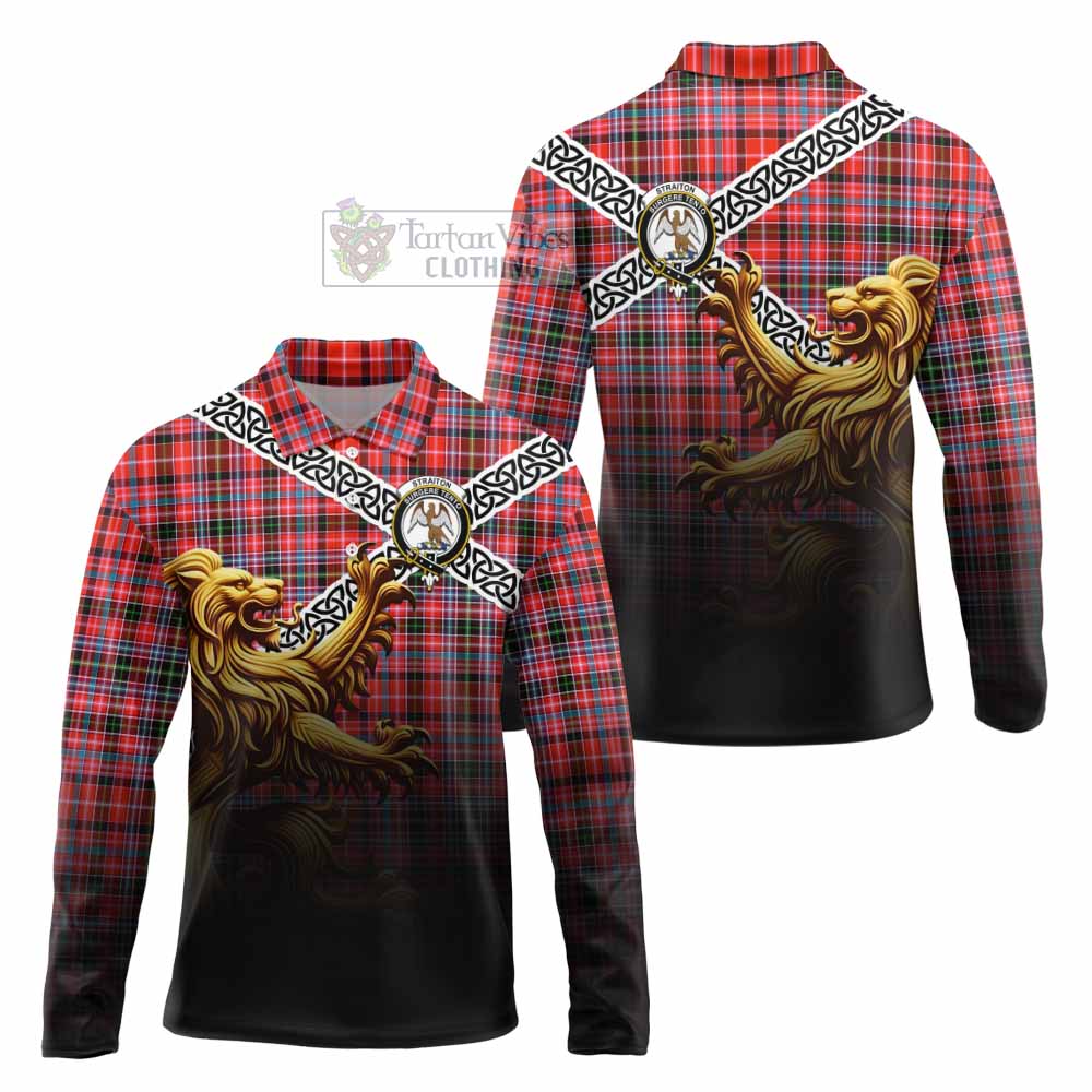 Tartan Vibes Clothing Straiton Crest Tartan Long Sleeve Polo Shirt with Golden Lion Emblem Celtic Style
