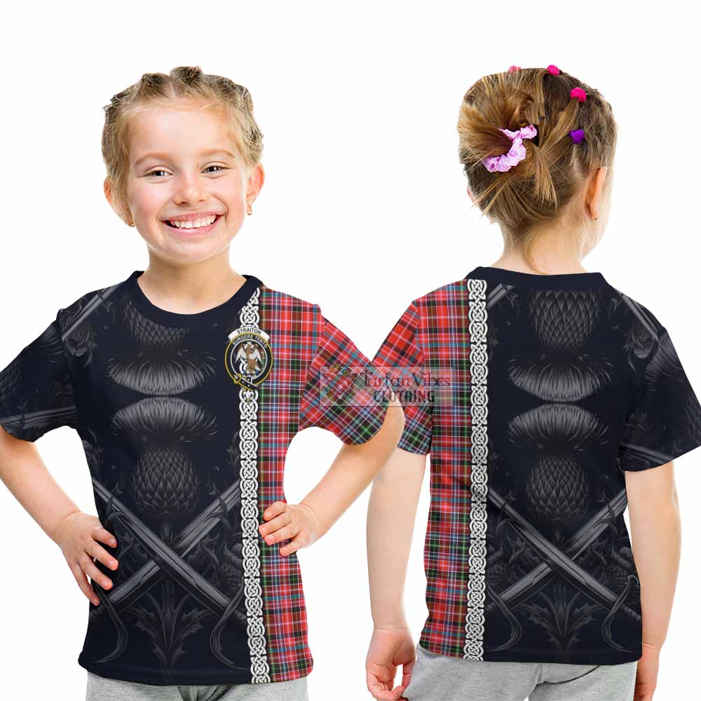 Tartan Vibes Clothing Straiton Tartan Kid T-Shirt with Family Crest Cross Sword Thistle Celtic Vibes