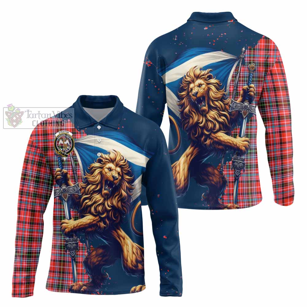 Tartan Vibes Clothing Straiton Tartan Family Crest Long Sleeve Polo Shirt with Scottish Majestic Lion