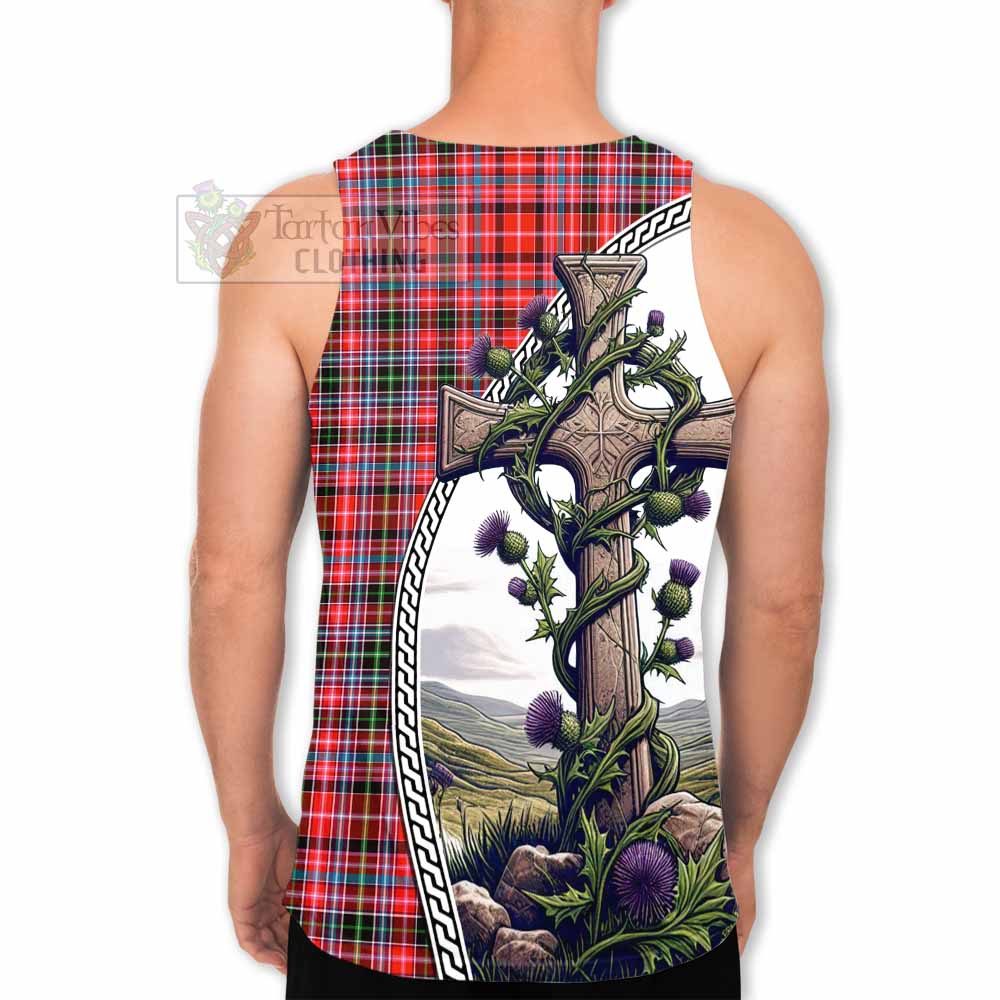 Tartan Vibes Clothing Straiton Tartan Men's Tank Top with Family Crest and St. Andrew's Cross Accented by Thistle Vines