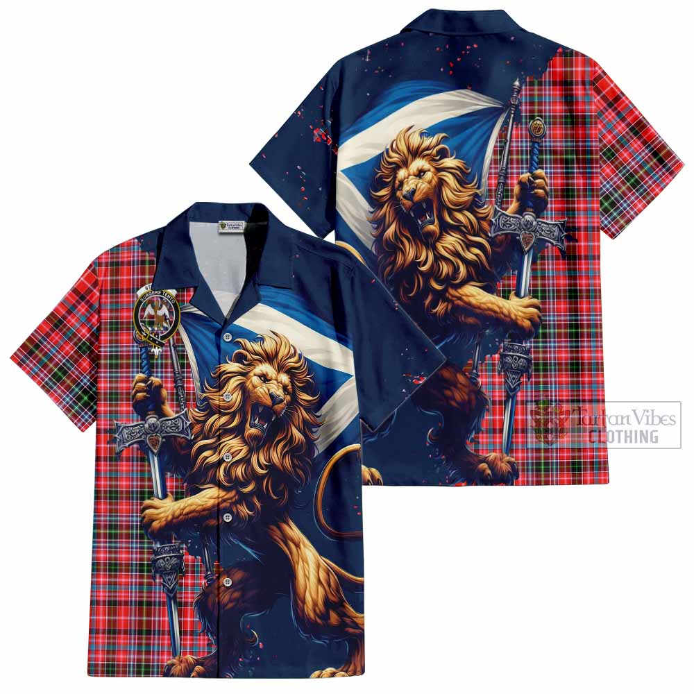 Tartan Vibes Clothing Straiton Tartan Family Crest Short Sleeve Button Shirt with Scottish Majestic Lion