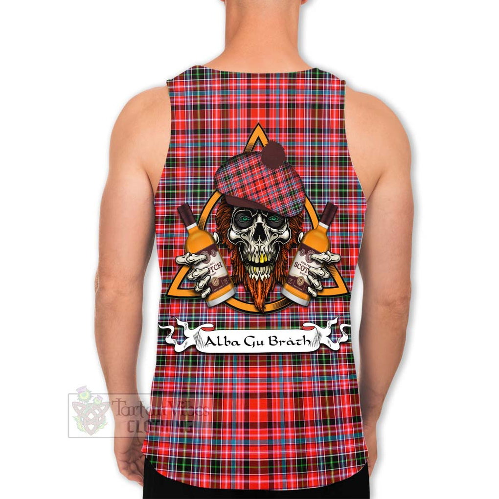 Tartan Vibes Clothing Straiton Tartan Men's Tank Top with Family Crest and Bearded Skull Holding Bottles of Whiskey