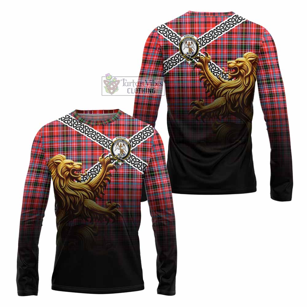 Tartan Vibes Clothing Straiton Crest Tartan Long Sleeve T-Shirt with Golden Lion Emblem Celtic Style