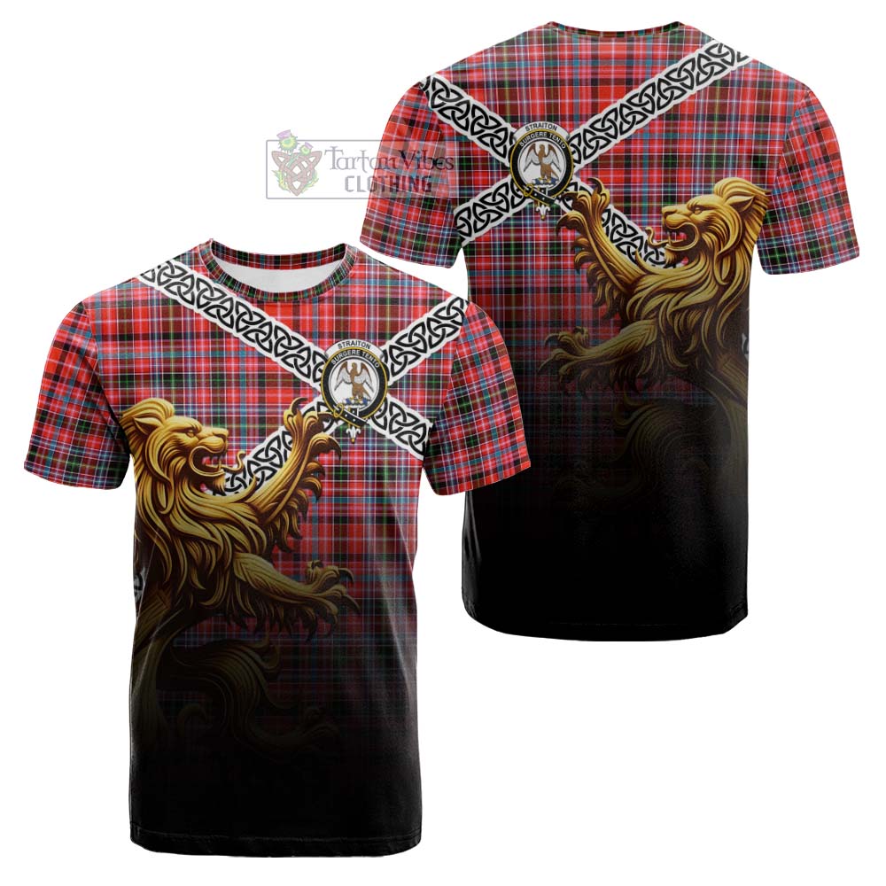 Tartan Vibes Clothing Straiton Crest Tartan Cotton T-shirt with Golden Lion Emblem Celtic Style