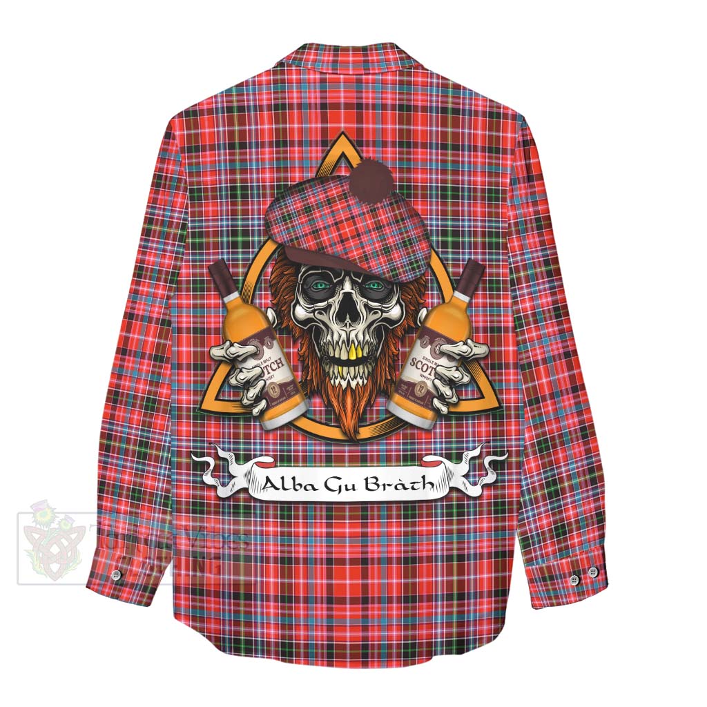 Tartan Vibes Clothing Straiton Tartan Women's Casual Shirt with Family Crest and Bearded Skull Holding Bottles of Whiskey