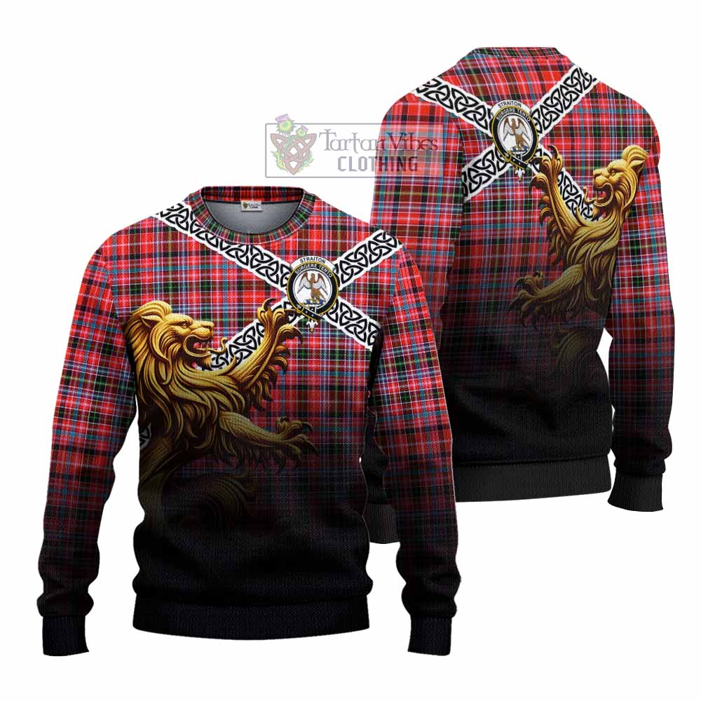 Tartan Vibes Clothing Straiton Crest Tartan Knitted Sweater with Golden Lion Emblem Celtic Style