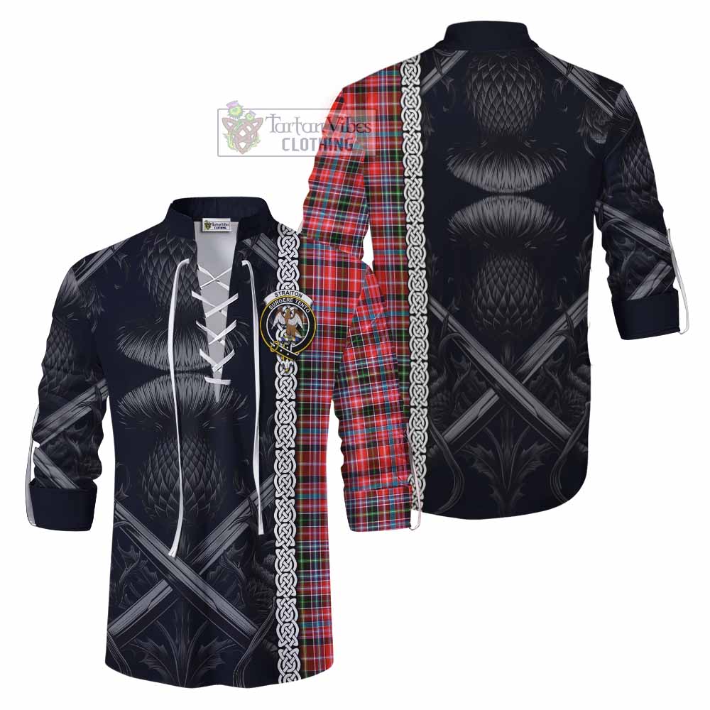 Tartan Vibes Clothing Straiton Tartan Ghillie Kilt Shirt with Family Crest Cross Sword Thistle Celtic Vibes