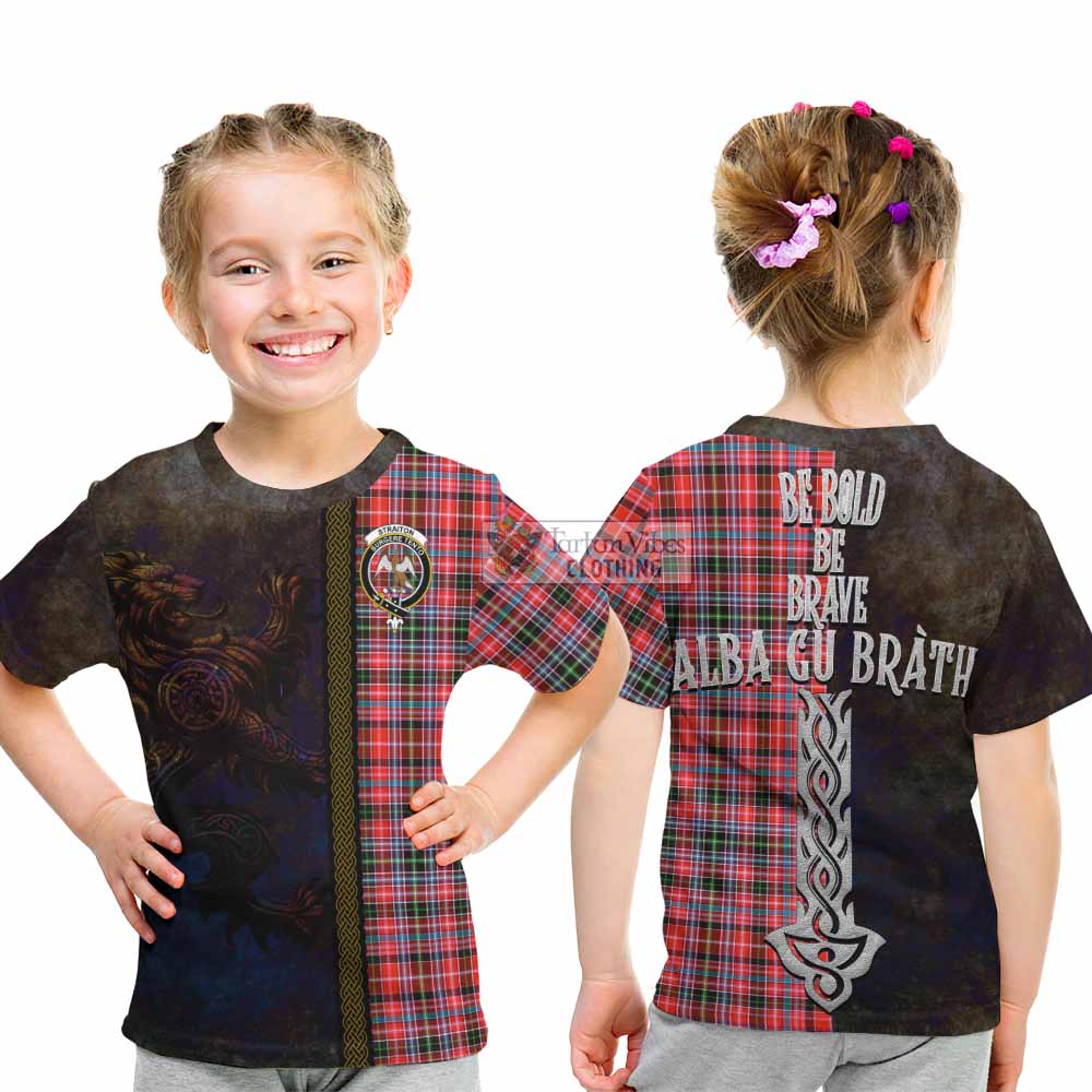 Tartan Vibes Clothing Straiton Tartan Family Crest Kid T-Shirt Alba Gu Brath Be Brave Lion Ancient Style