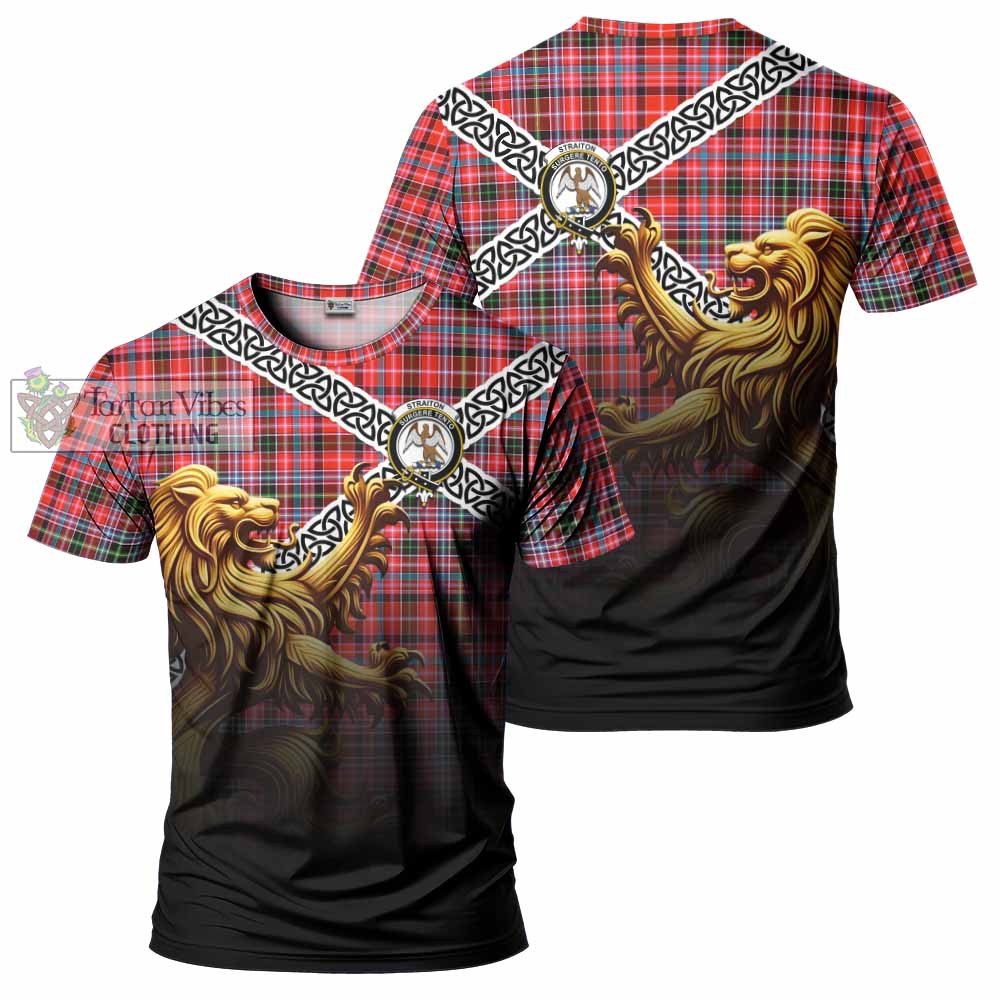 Tartan Vibes Clothing Straiton Crest Tartan T-Shirt with Golden Lion Emblem Celtic Style