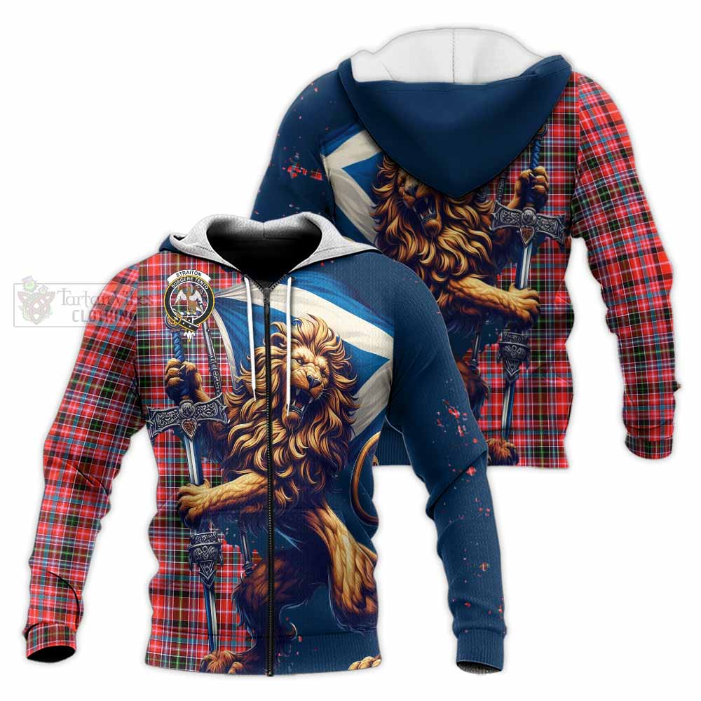 Tartan Vibes Clothing Straiton Tartan Family Crest Knitted Hoodie with Scottish Majestic Lion