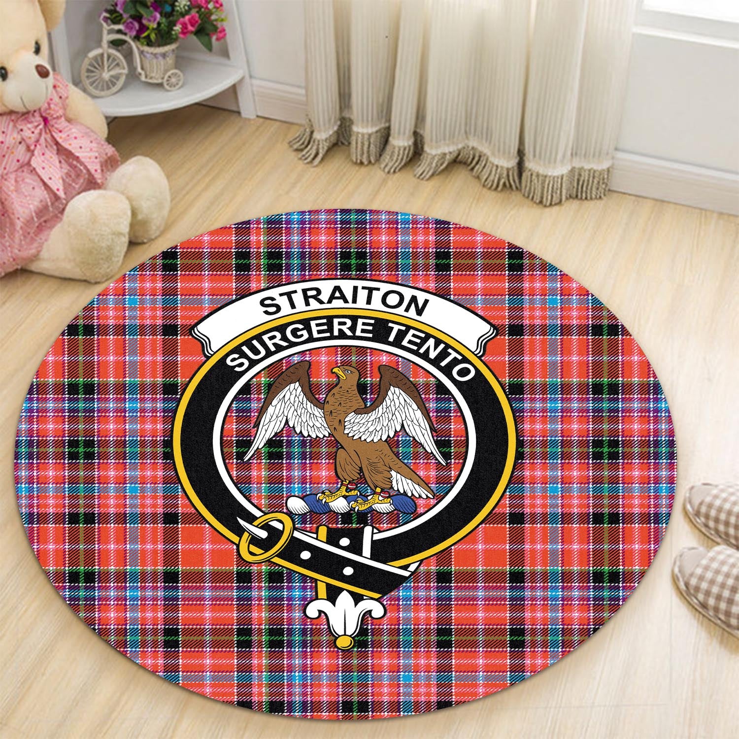 straiton-tartan-round-rug-with-family-crest