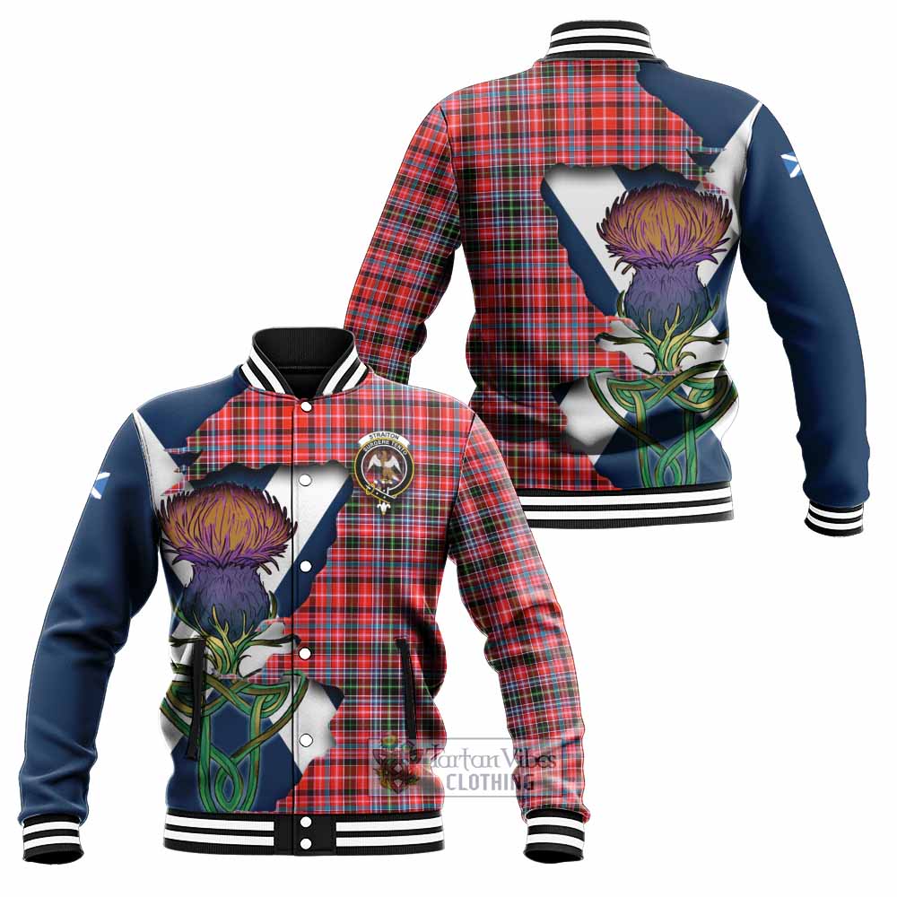Tartan Vibes Clothing Straiton Tartan Family Crest Baseball Jacket Scottish Thistle Celtic Inspired