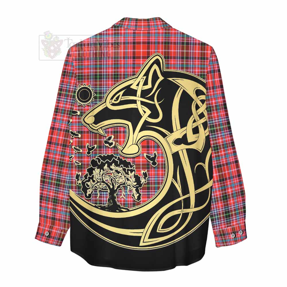 Tartan Vibes Clothing Straiton Tartan Women's Casual Shirt with Family Crest Celtic Wolf Style