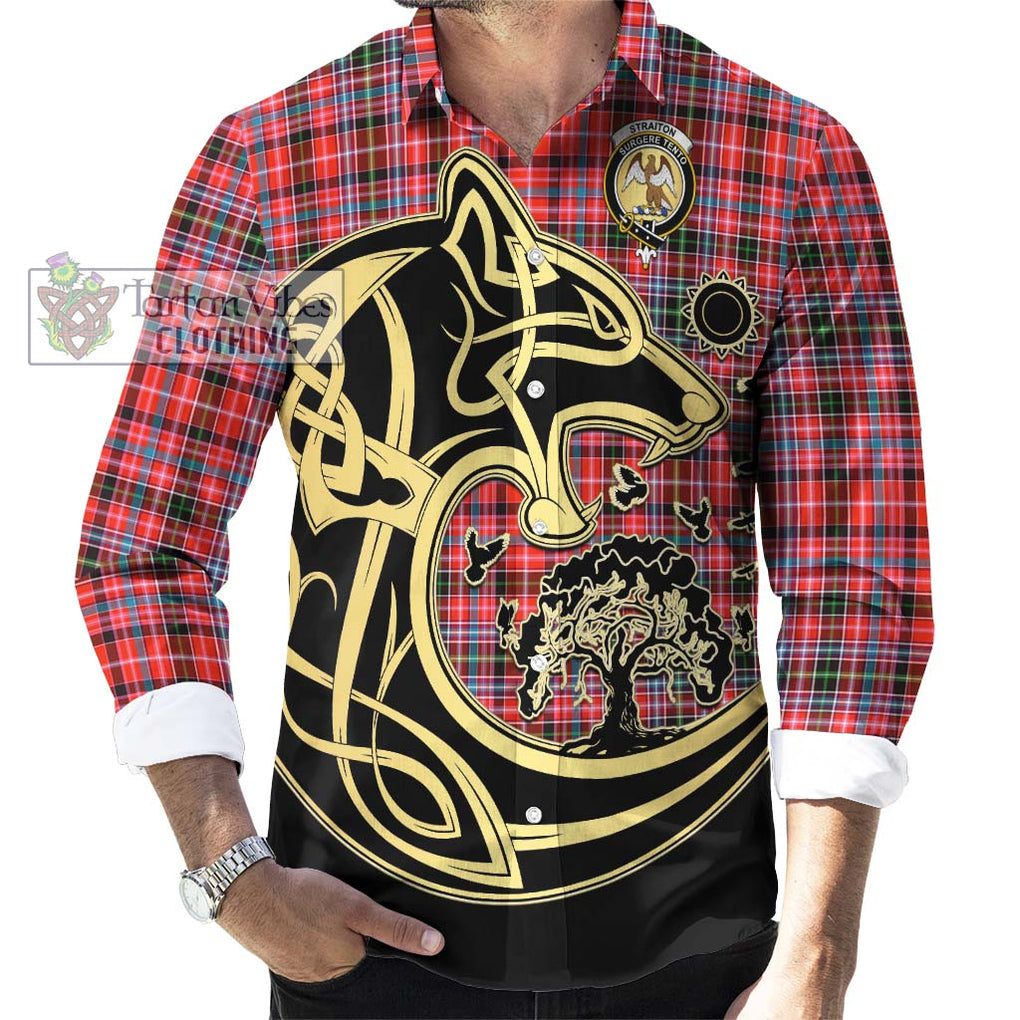 Straiton Tartan Long Sleeve Button Shirt with Family Crest Celtic Wolf Style - Tartan Vibes Clothing
