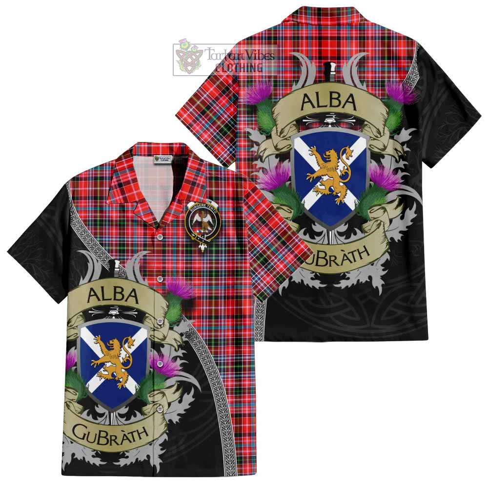 Tartan Vibes Clothing Straiton Tartan Family Crest Short Sleeve Button Shirt Lion Rampant Royal Thistle Shield Celtic Inspired