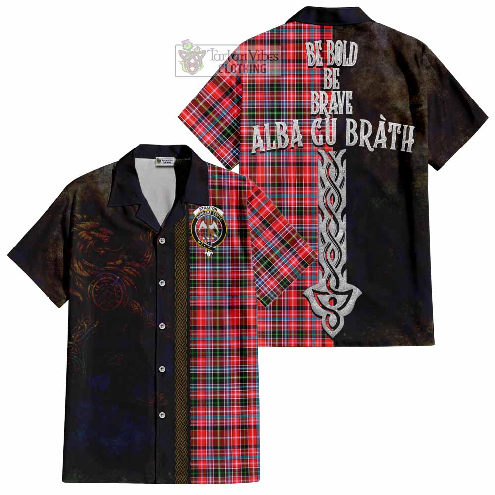 Tartan Vibes Clothing Straiton Tartan Family Crest Short Sleeve Button Shirt Alba Gu Brath Be Brave Lion Ancient Style