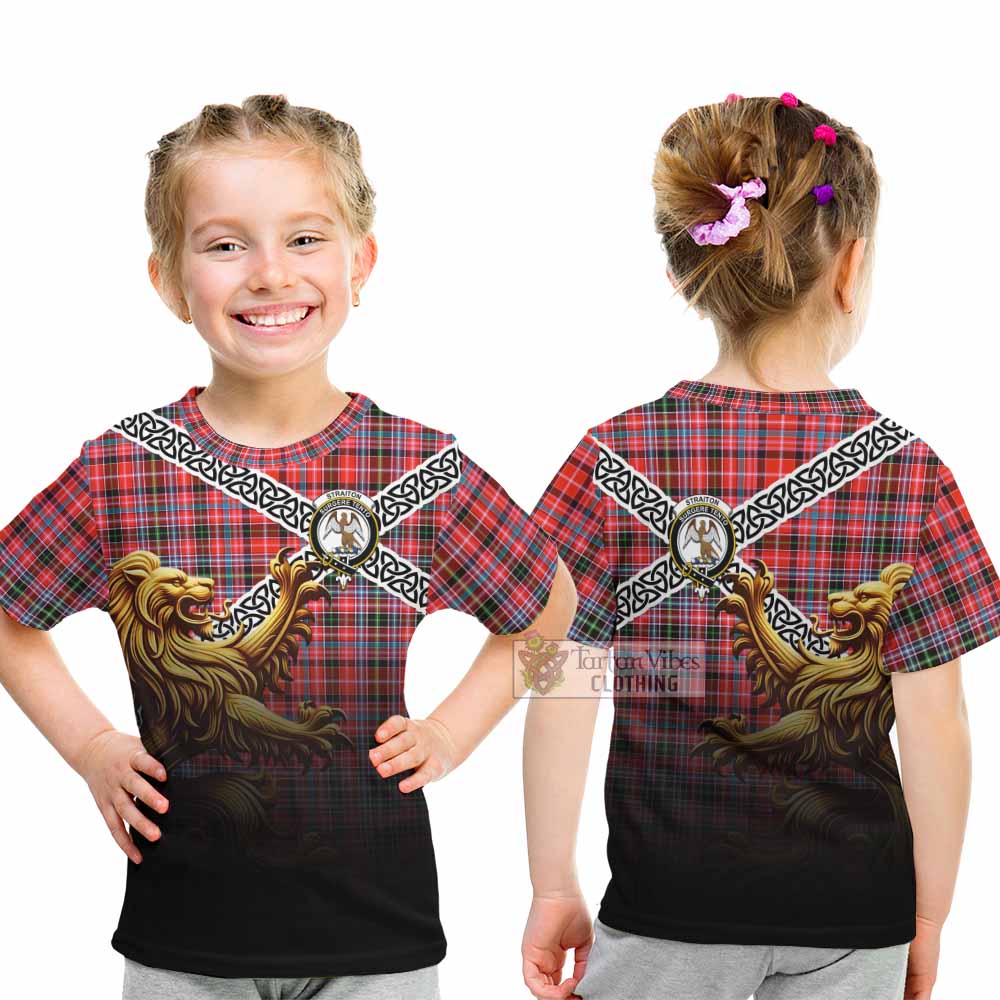 Tartan Vibes Clothing Straiton Crest Tartan Kid T-Shirt with Golden Lion Emblem Celtic Style
