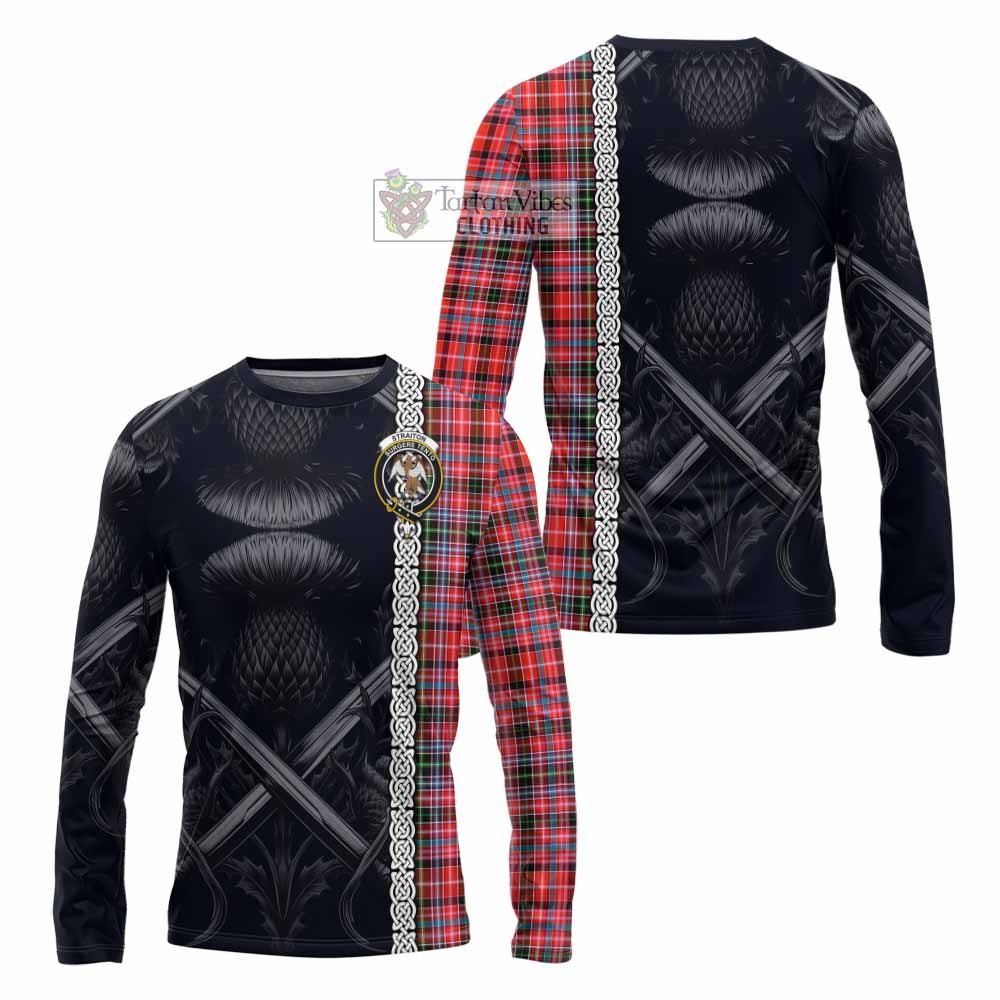 Tartan Vibes Clothing Straiton Tartan Long Sleeve T-Shirt with Family Crest Cross Sword Thistle Celtic Vibes
