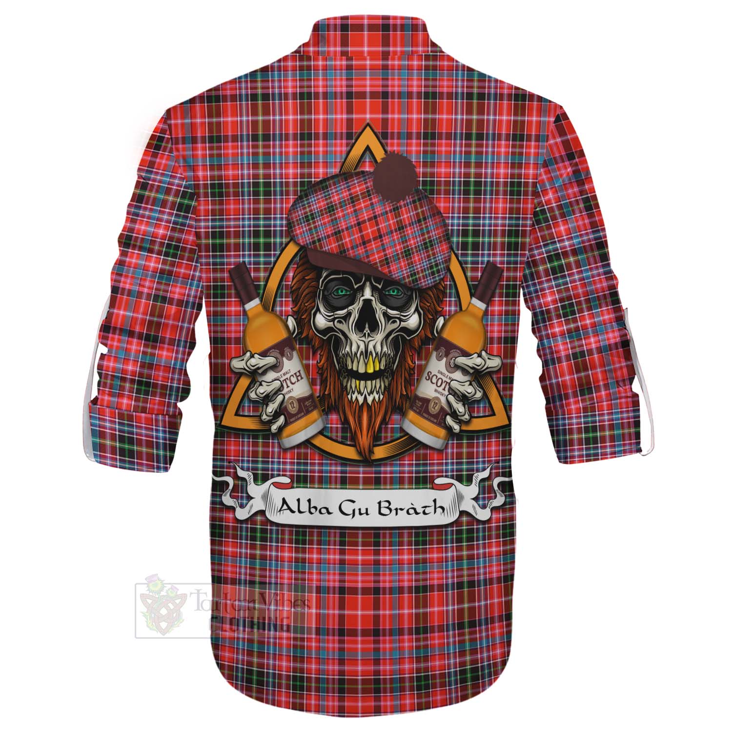 Tartan Vibes Clothing Straiton Tartan Ghillie Kilt Shirt with Family Crest and Bearded Skull Holding Bottles of Whiskey