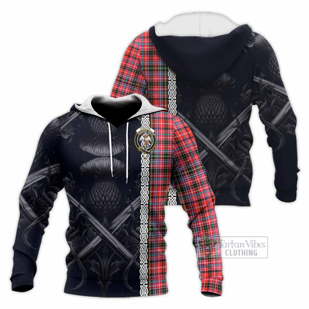 Tartan Vibes Clothing Straiton Tartan Knitted Hoodie with Family Crest Cross Sword Thistle Celtic Vibes