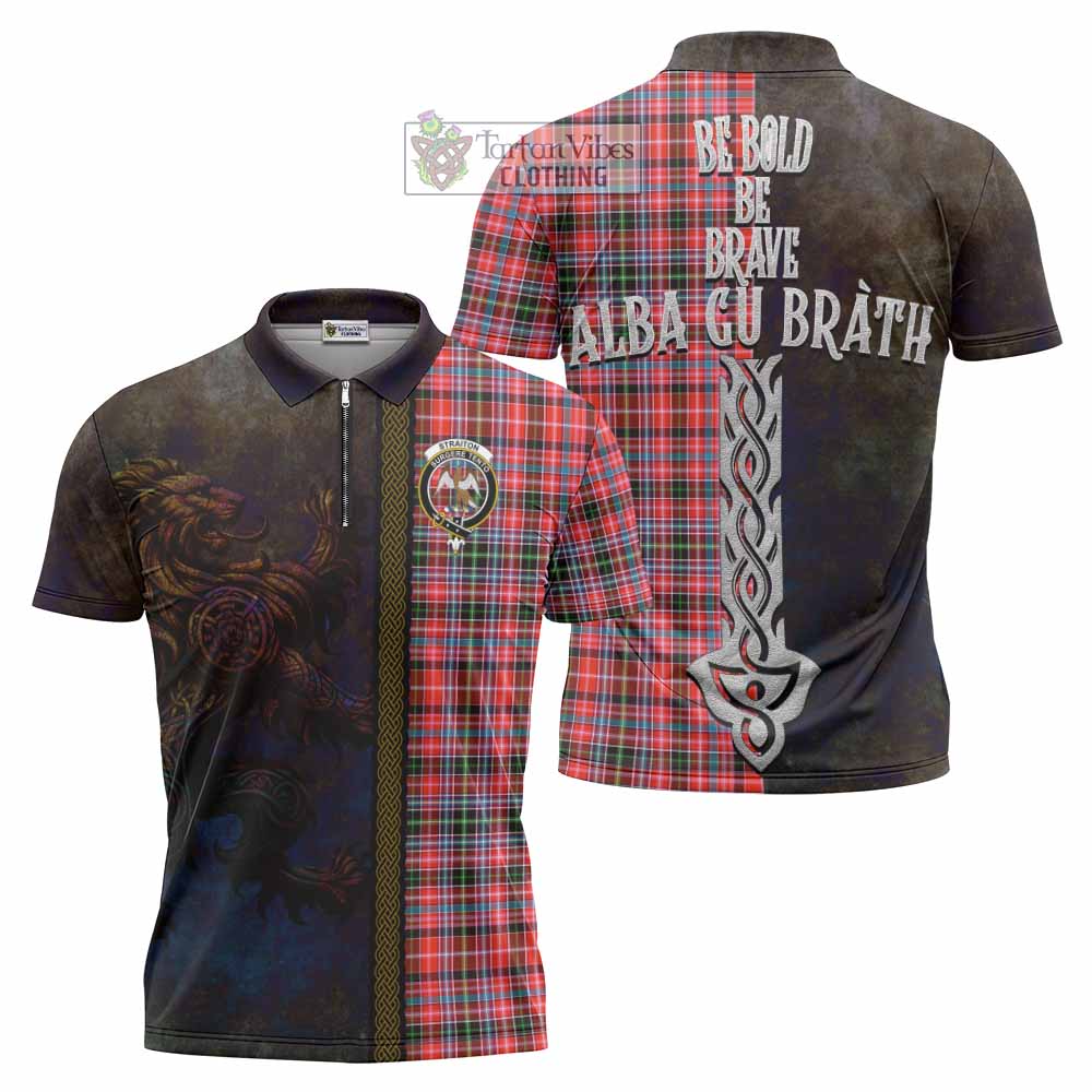 Tartan Vibes Clothing Straiton Tartan Family Crest Zipper Polo Shirt Alba Gu Brath Be Brave Lion Ancient Style