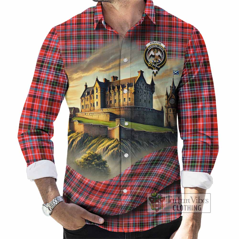 Tartan Vibes Clothing Straiton Tartan Family Crest Long Sleeve Button Shirt with Scottish Ancient Castle Style