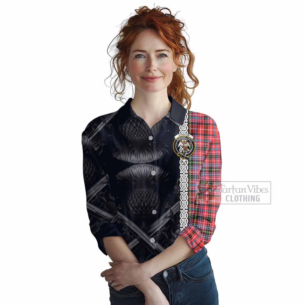Tartan Vibes Clothing Straiton Tartan Women's Casual Shirt with Family Crest Cross Sword Thistle Celtic Vibes