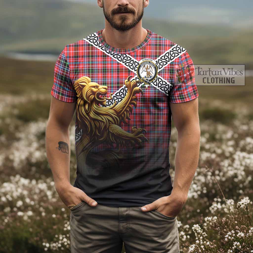 Tartan Vibes Clothing Straiton Crest Tartan T-Shirt with Golden Lion Emblem Celtic Style