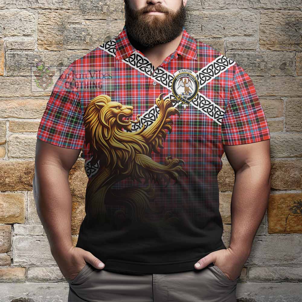 Tartan Vibes Clothing Straiton Crest Tartan Polo Shirt with Golden Lion Emblem Celtic Style