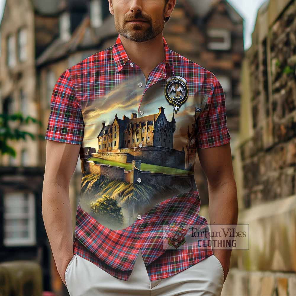 Tartan Vibes Clothing Straiton Tartan Family Crest Short Sleeve Button Shirt with Scottish Ancient Castle Style