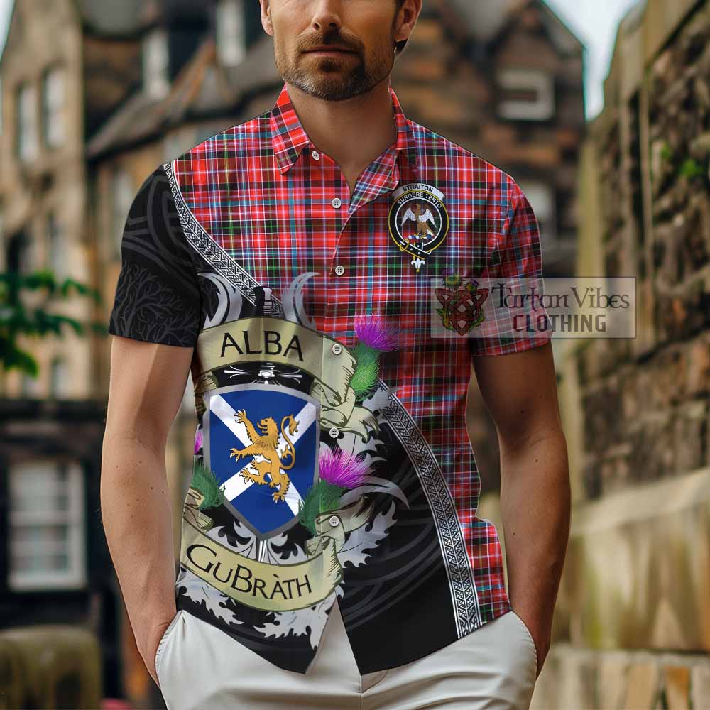 Tartan Vibes Clothing Straiton Tartan Family Crest Short Sleeve Button Shirt Lion Rampant Royal Thistle Shield Celtic Inspired