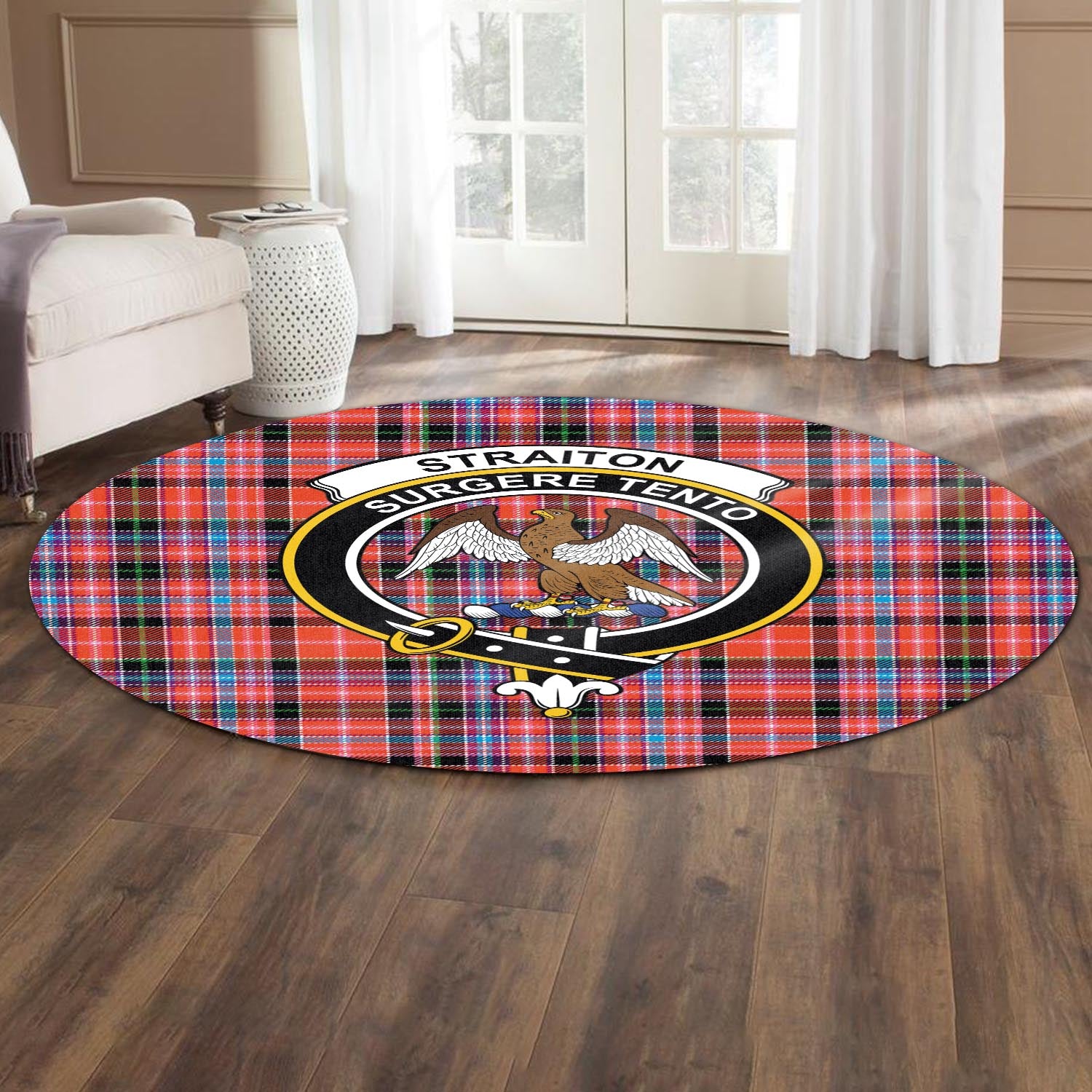 straiton-tartan-round-rug-with-family-crest