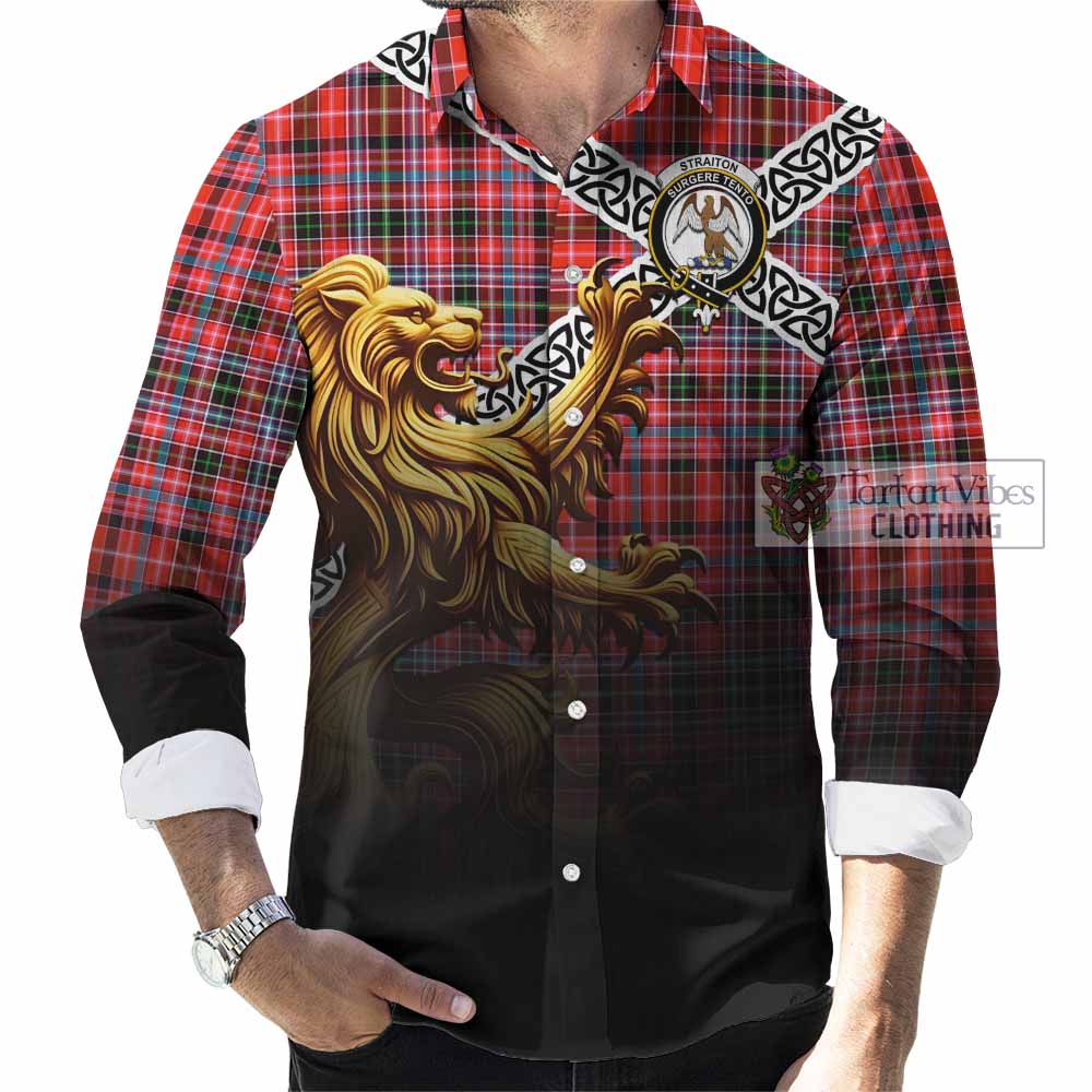 Tartan Vibes Clothing Straiton Crest Tartan Long Sleeve Button Shirt with Golden Lion Emblem Celtic Style