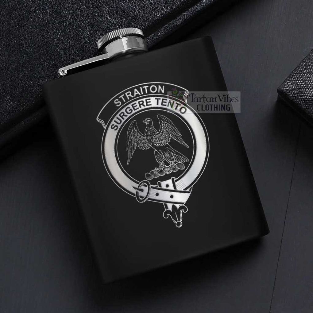 Tartan Vibes Clothing Straiton Crest Hip Flask Set 7oz Black Stainless Steel with A Gift Box