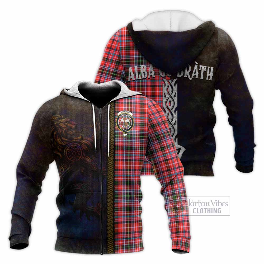 Tartan Vibes Clothing Straiton Tartan Family Crest Knitted Hoodie Alba Gu Brath Be Brave Lion Ancient Style