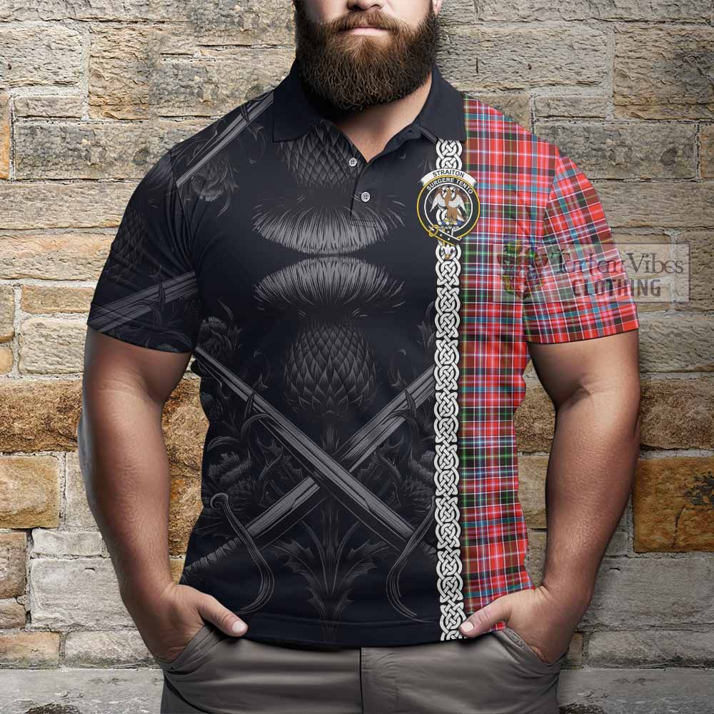 Tartan Vibes Clothing Straiton Tartan Polo Shirt with Family Crest Cross Sword Thistle Celtic Vibes